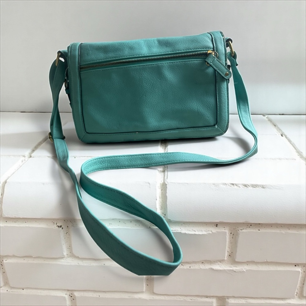 Merona Teal Faux Leather Crossbody Bag Adjustable Strap Zipper Pocket - Picture 7 of 8